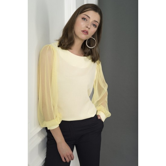 For You Moda Women's Tulle Sleeve Detailed Yellow Blouse