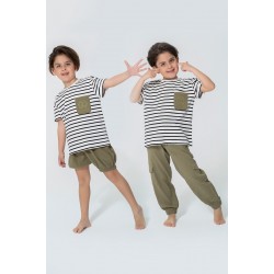 For You Kids Organic 3 Piece Pocket Anchor Embroidered Khaki Pajamas Set