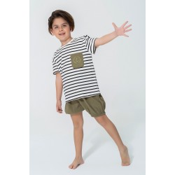 For You Kids Organic 3 Piece Pocket Anchor Embroidered Khaki Pajamas Set