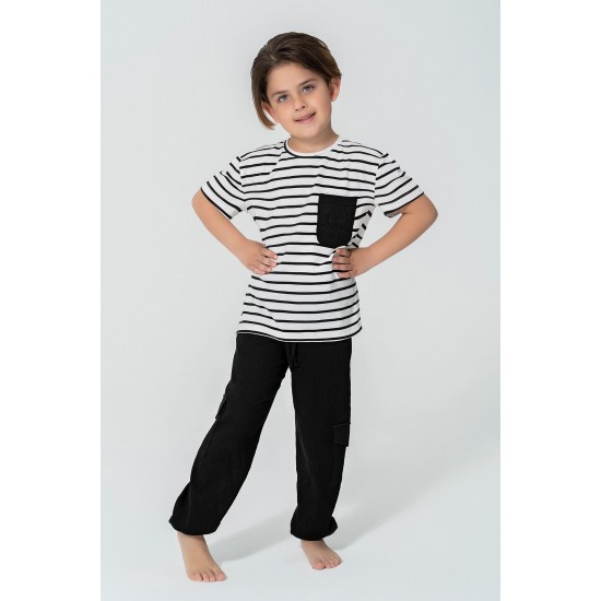 For You Kids Organic 3 Piece Pocket Anchor Embroidered Black Pajama Set