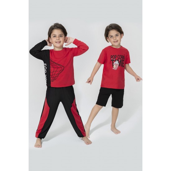 For You Kids 4-Piece For You Pop Corn Pattern Red Black Pajamas Set