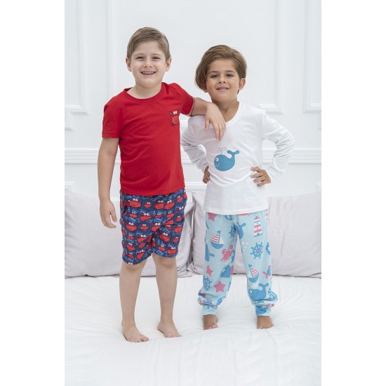 For You Kids 4-Piece Crab Whale Patterned Claret Red White Pajamas Set