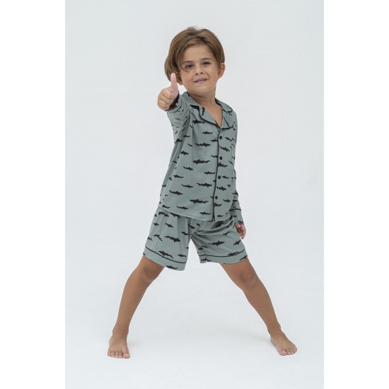 For You Kids 4-Piece Black Striped Shark Pattern Pajamas Set