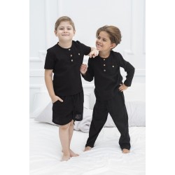 For You Kids 4-Piece Organic Black Pajama Set with Button on Collar