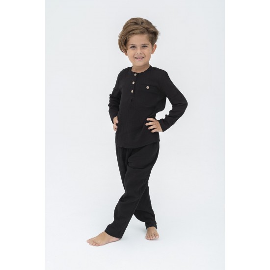 For You Kids 4-Piece Organic Black Pajama Set with Button on Collar