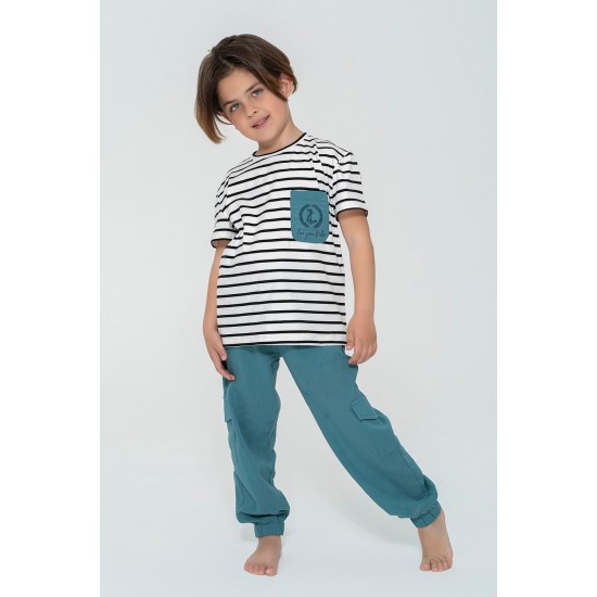 For You Kids Organic 3 Piece Pocket Anchor Embroidered Petrol Pajamas Set