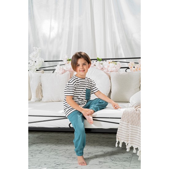 For You Kids Organic 3 Piece Pocket Anchor Embroidered Petrol Pajamas Set