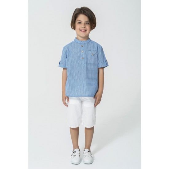 For You Kids Pocket Detailed Button Down Collar Blue Shirt