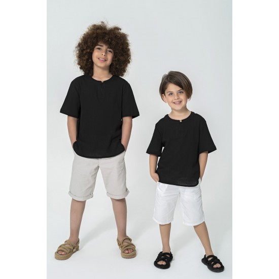 For You Kids Organic Collar Single Button Black Shirt