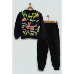 For You Kids Printed Black Crew Neck Sweatshirt Set