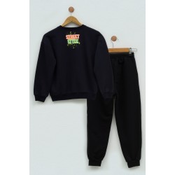 For You Kids Printed Black Crew Neck Sweatshirt Set