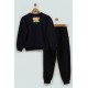 For You Kids Printed Black Crew Neck Sweatshirt Set