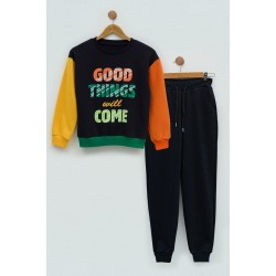 For You Kids Unisex Embossed Printed Black Crew Neck Sweatshirt Set