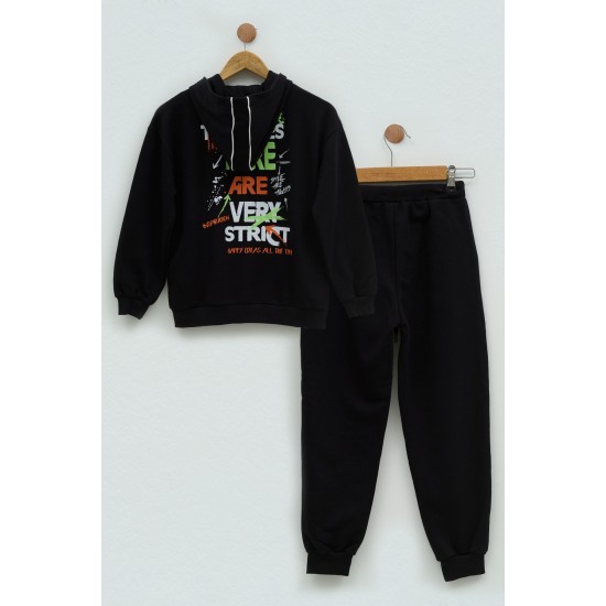 For You Kids Parca Printed Black Hooded Sweatshirt Set