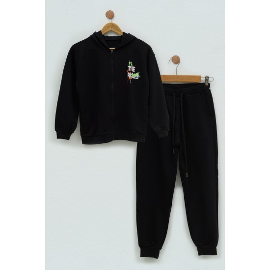 For You Kids Parca Printed Black Hooded Sweatshirt Set