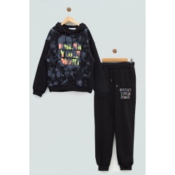 For You Kids Embossed Printed Hoodie Black Sweatshirt Set