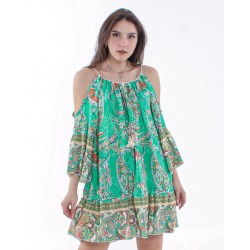 MONOMOI DESIGN ruffle smock mini sundress in linen in Green rose floral print