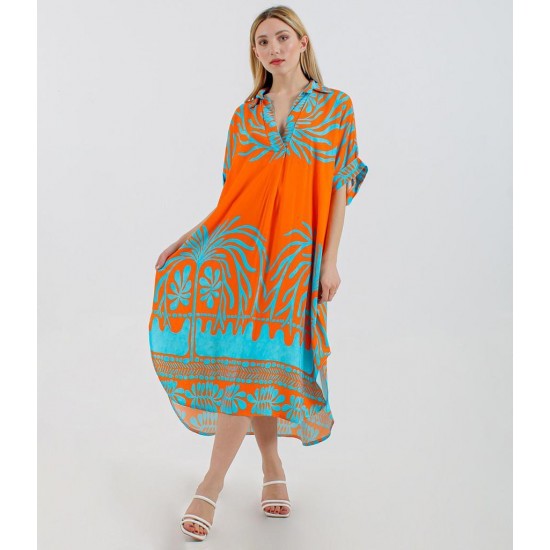 Woman Clothing Orange Palm Design Wrap Midi Dress