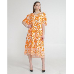 Women Orange Leave Design Long Dress