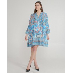 Women Floral Printed Blue Dress Short Sleeve Mini Dress