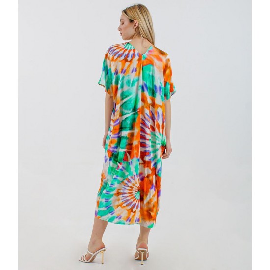 Woman Clothing Orange Multicolor Printed Wrap Midi Dress