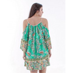 MONOMOI DESIGN ruffle smock mini sundress in linen in Green rose floral print