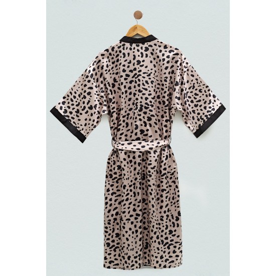 For You Sleepwear Satin Leopard Pattern Black Dressing Gown