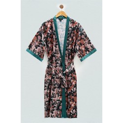 For You Sleepwear Satin Ethnic Pattern Black Dressing Gown