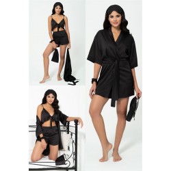 For You Sleepwear 6 Pieces Black Satin Pajamas Shorts Set with Negligee