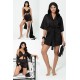 For You Sleepwear 6 Pieces Black Satin Pajamas Shorts Set with Negligee