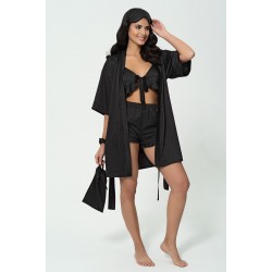 For You Sleepwear 6 Pieces Black Satin Pajamas Shorts Set with Negligee