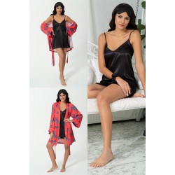 For You Sleepwear 5 pcs Kaplan Red Satin Dressing Gown and Nightgown TK