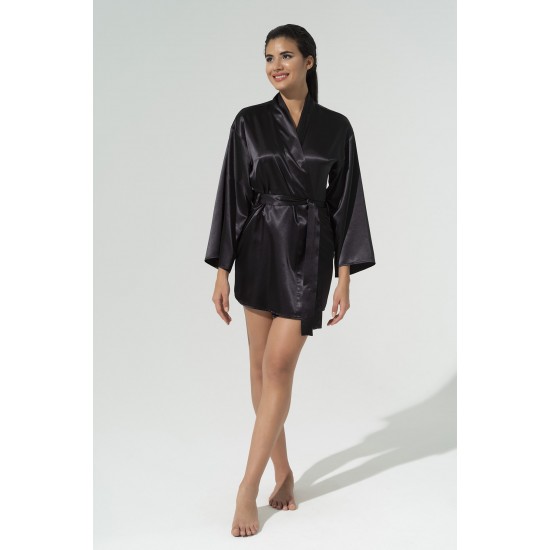 For You Sleepwear Plain Black Satin Dressing Gown