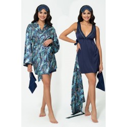 For You Sleepwear 5 Pieces Navy Blue Satin Dressing Gown and Nightgown Set