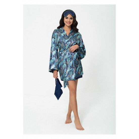 For You Sleepwear 5 Pieces Navy Blue Satin Dressing Gown and Nightgown Set