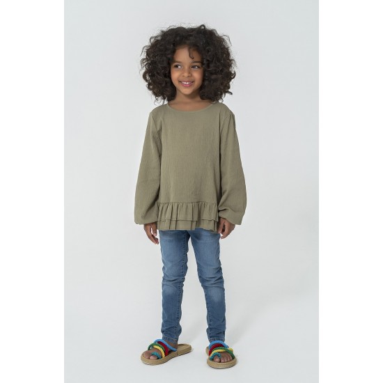 For You Kids Organic Skirt Ruffled Back Button Khaki Blouse