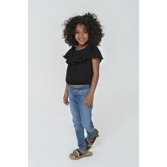 For You Kids Organic Collar Ruffled Elastic Black Blouse