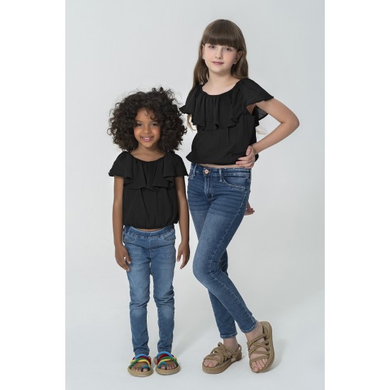 For You Kids Organic Collar Ruffled Elastic Black Blouse