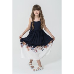 For You Kids Strap Skirt Floral Patterned Navy Blue Dress