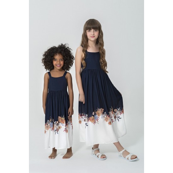 For You Kids Strap Skirt Floral Patterned Navy Blue Dress