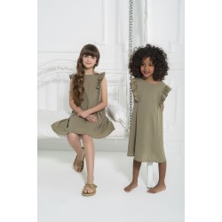 For You Kids Organic Shoulder Ruffle Khaki Dress