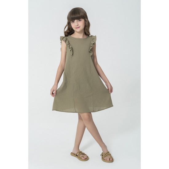 For You Kids Organic Shoulder Ruffle Khaki Dress