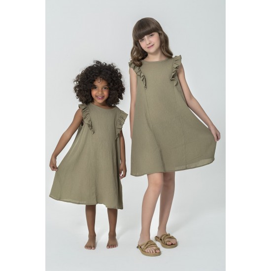 For You Kids Organic Shoulder Ruffle Khaki Dress