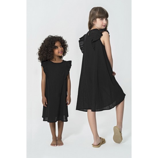 For You Kids Organic Shoulder Ruffle Black Dress