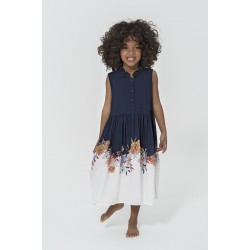 For You Kids Navy Blue Floral Patterned Collar Frilly Buttoned Dress