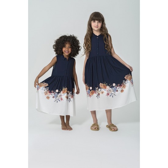 For You Kids Navy Blue Floral Patterned Collar Frilly Buttoned Dress