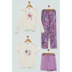 For You Kids 4-Piece Flower Printed Lilac Pajamas Set