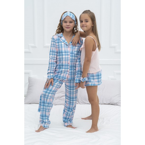 For You Kids 7 Pieces Pink Pile Plaid Pajamas Set