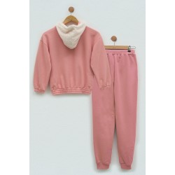 For You Kids Flower Printed Pink Hoodie Sweatshirt Set