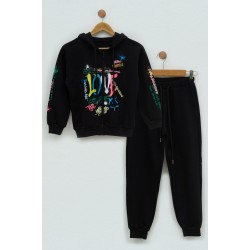 For You Kids Love Printed Black Hooded Sweatshirt Set